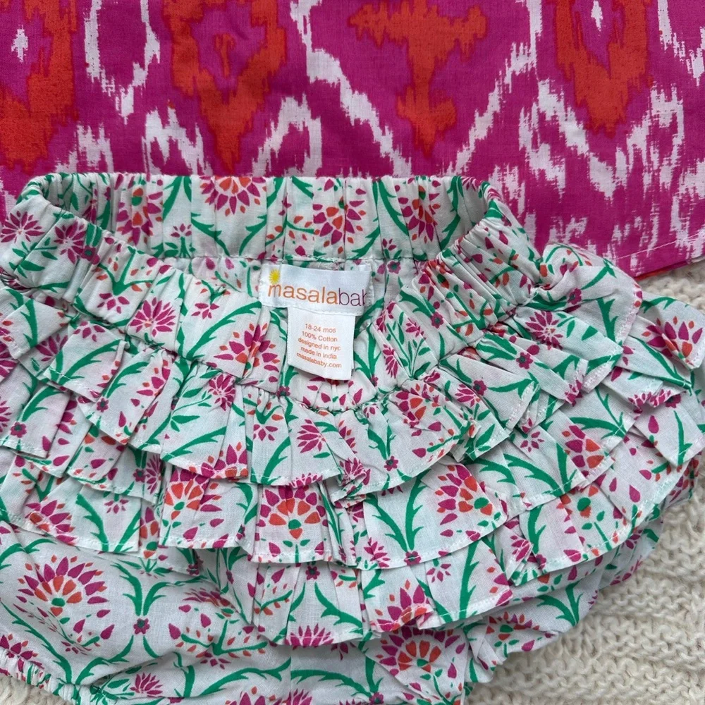 Masala Baby Fuchsia and Orange Ikat Top with Floral Ruffle Bloomers
